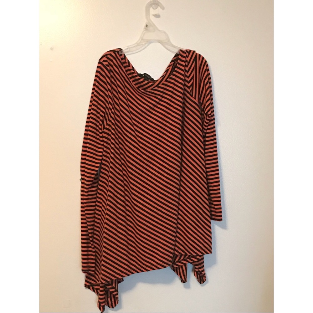 Long sleeved orange and black striped shirt.